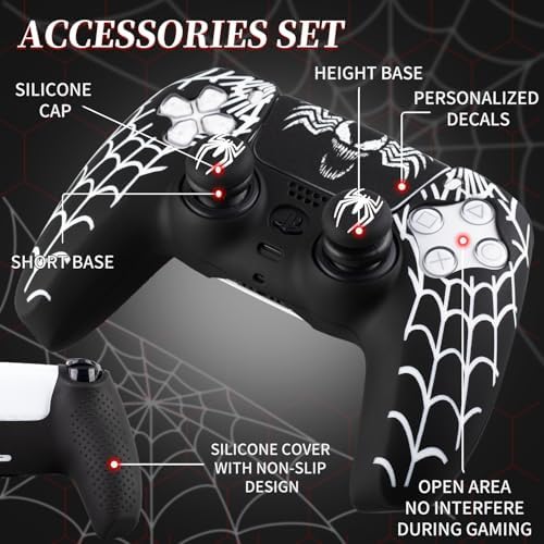PlayRealm Silicone Skin Cover Sticker x 1 & Extender Grips x 2 for PS5 Controller Venom Web - Image 2